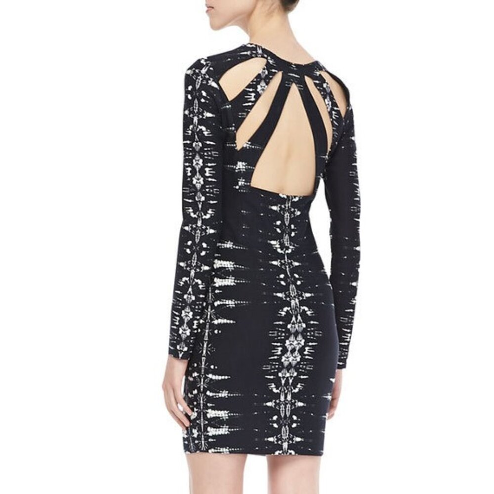 New $297 PARKER Mariel Psych back Cutout XS Black white print Fitted Mini Dress